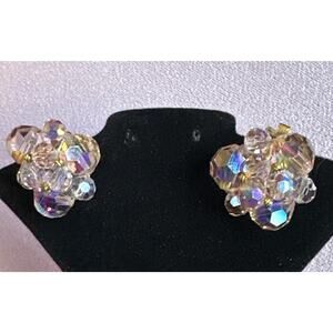 Vintage Iridescent Pink Flower Hand Beaded Clip On Earrings Elegant Romantic